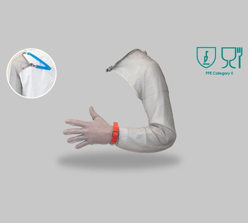 Çelik Örgü Eldiven  (Omuza Kadar)-Sol-3-M-KIRMIZI